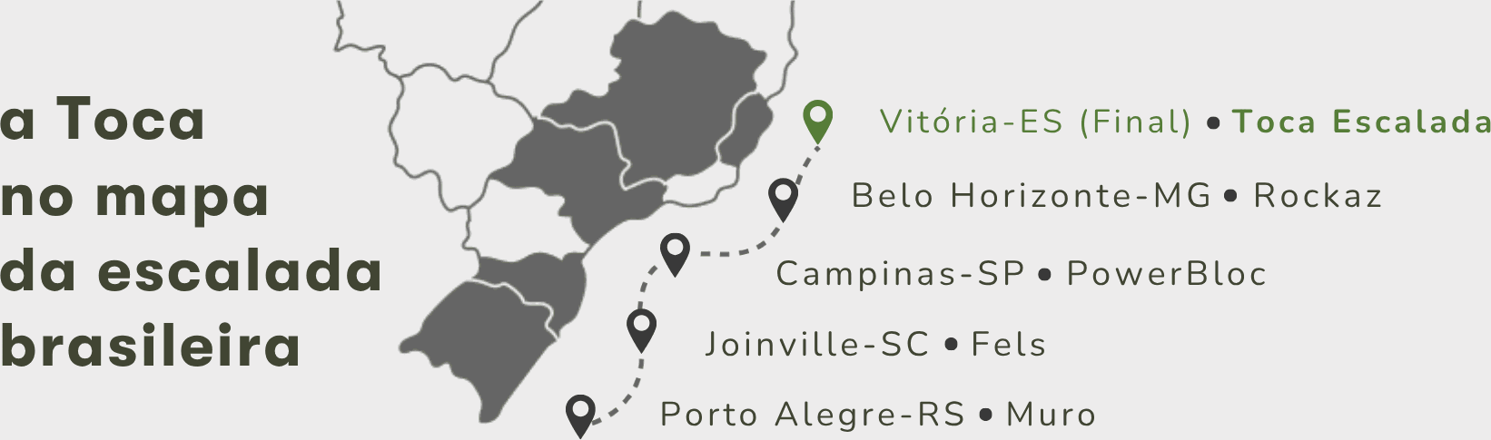 a Toca no mapa da escalada brasileira: o mapa do Brasil com um pin em cada uma das cinco etapas da Copa Brasil